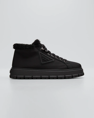 Shop Prada Nylon Shearling Mid-top Sneakers In Nero