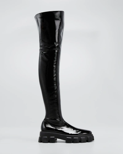 Shop Prada Monolith Patent Over-the-knee Boots In Nero