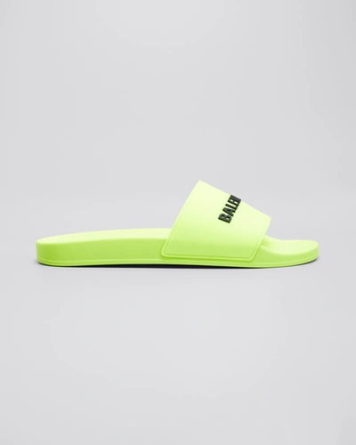 Shop Balenciaga Men's Logo Pool Slide Sandals In Yellow/bla