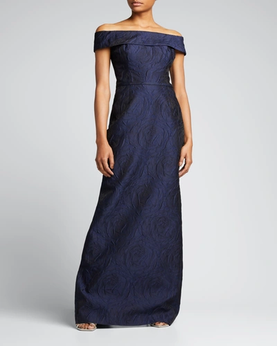 Shop Rickie Freeman For Teri Jon Off-shoulder Jacquard Column Gown In Navy