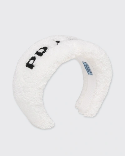 Shop Prada Puffy Logo Terry Cloth Headband In F0964 Bianco Nero