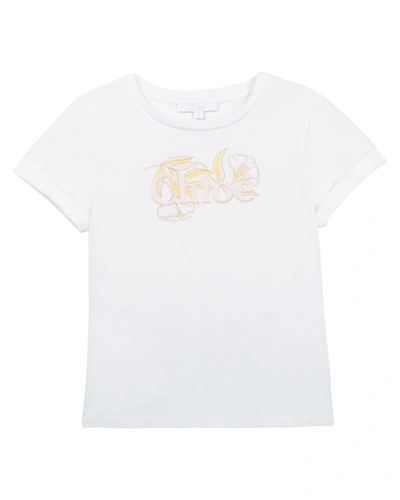 Shop Chloé Girl's Floral-print Logo T-shirt In Pale Pink