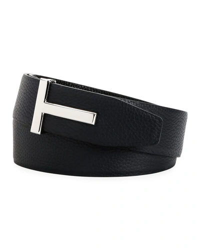 Shop Tom Ford Men's Signature T Reversible Leather Belt In Black/taupe
