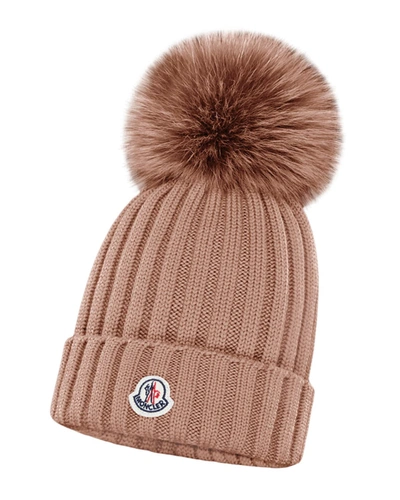 Shop Moncler Ribbed Wool Beanie With Fur Pompom In Dark Pink