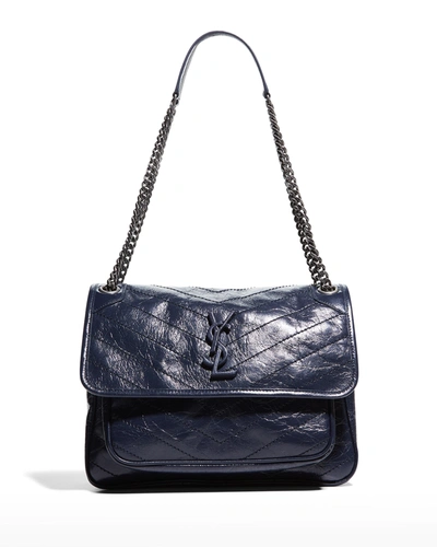 Shop Saint Laurent Niki Medium Crinkled Calf Flap-top Shoulder Bag In Deep Marine