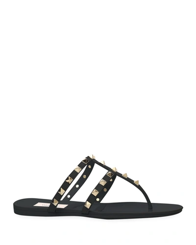 Shop Valentino Rockstud T-strap Flat Slide Sandals In Black
