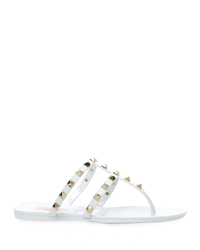 Shop Valentino Rockstud T-strap Flat Slide Sandals In White
