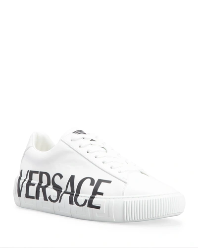 Shop Versace Men's Logo Leather Low-top Sneakers In Whiteblack