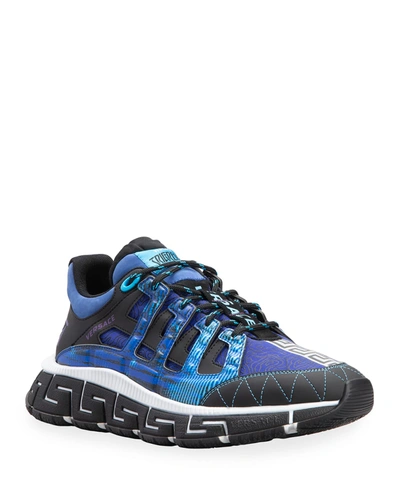 Shop Versace Men's Trigreca Abstract-print Chunky Sneakers In Blue Black