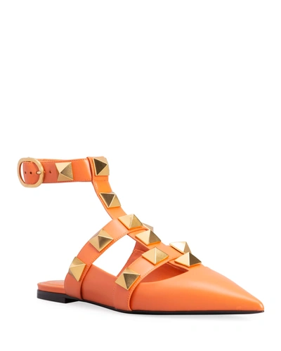 Shop Valentino Roman Stud Ankle-cuff Ballerina Flats In Orange Zest
