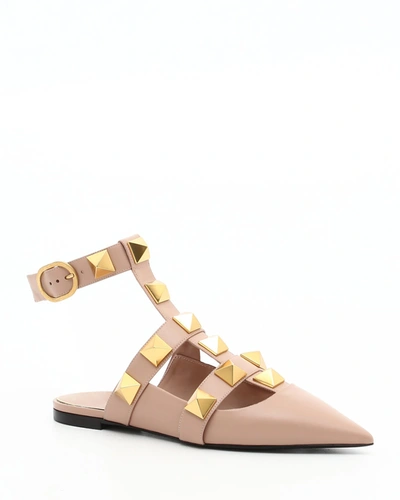 Shop Valentino Roman Stud Ankle-cuff Ballerina Flats In Rose Canelle