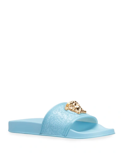 Shop Versace Medusa Pool Slide Sandals In Light Blue Gold