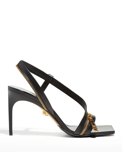 Shop Versace Golden Zipper Stiletto Sandals In Blackgold