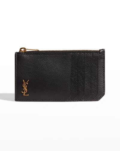 Shop Saint Laurent Ysl Tiny Monogram Ziptop Card Case In Smooth Leather In Black