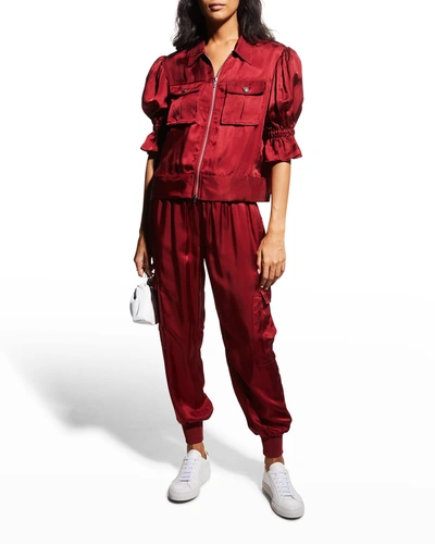 Shop Cinq À Sept Holly Short-sleeve Sateen Jacket In Cranberry