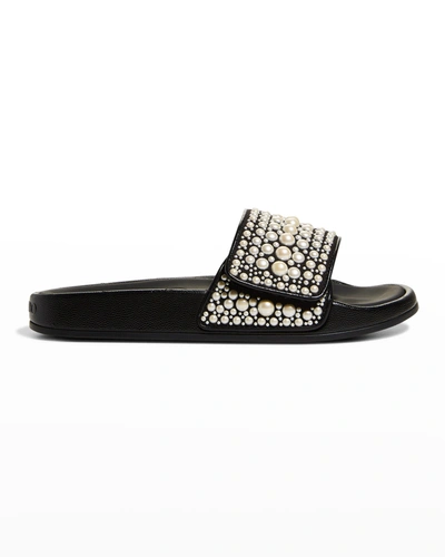 Shop Jimmy Choo Fitz Pearly Stud Pool Sandals In Black