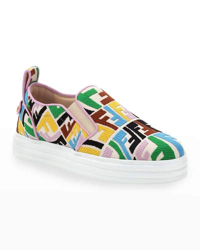 Shop Fendi Multicolored Ff Embroidered Slip-on Sneakers