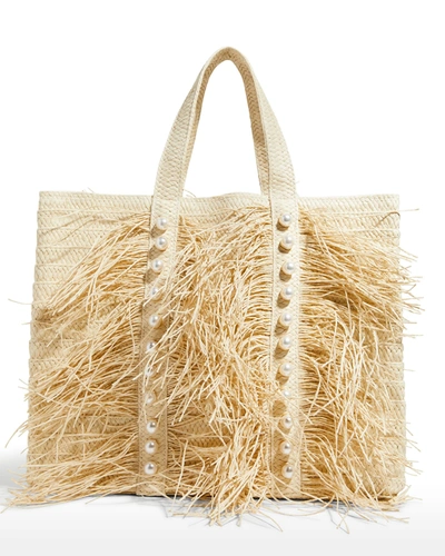 Shop Btb Los Angeles Jojo Straw Pearl-stud Fringe Tote Bag In Natural