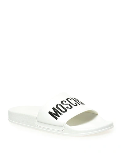 Shop Moschino Men's Logo-embossed Pool Slide Sandals In White
