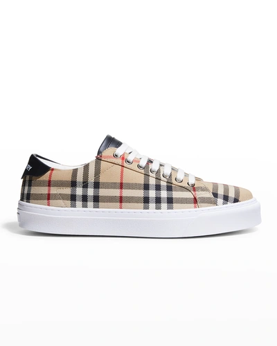 Shop Burberry Men's Check Canvas Low-top Sneakers In Archive Beige
