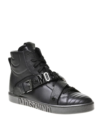 Shop Moschino Men's Metal Logo Zip High-top Sneakers In Black Multi