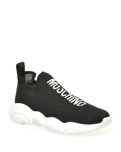 Shop Moschino Men's Logo Sock Sneakers W/ Teddy Bear-sole In Black
