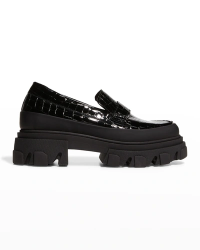 Shop Ganni Lug-sole Embossed Leather Penny Loafers In 099 Black