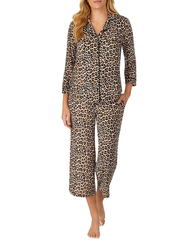 Shop Kate Spade Animal-print 3/4-sleeve Crop Pajama Set In Brown Animal Prin