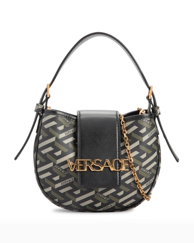 Shop Versace Greca Printed Top Handle Hobo Bag In Black