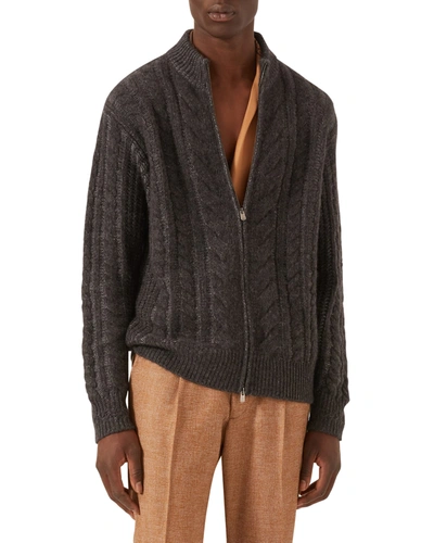 Shop Agnona Men's Cashmere-silk Mixed Stitch Zip Cardigan In Darkest Grey Flan