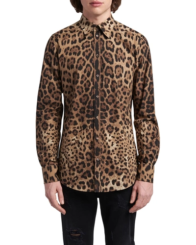 Shop Dolce & Gabbana Men's Leopard-print Sport Shirt In Med Beige