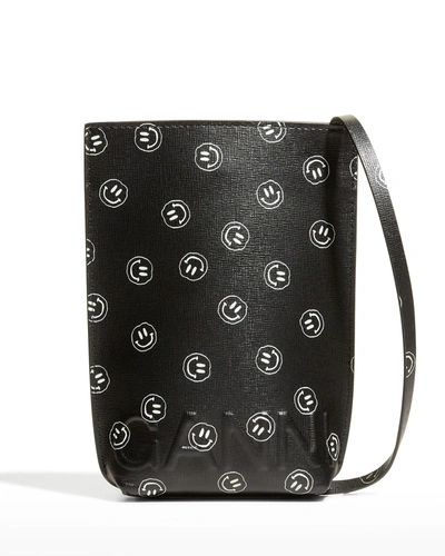 Shop Ganni Smiley Face Recycled Leather Pouch Crossbody Bag In Phantom