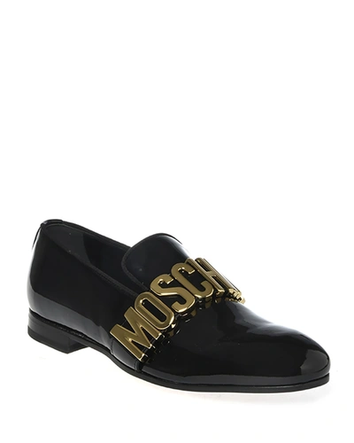 Shop Moschino Men's Metal Logo Patent Loafers In Black