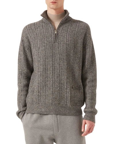 Shop Agnona Men's Cashmere-silk Micro-cable Quarter-zip Sweater In Black Charcoal Gr