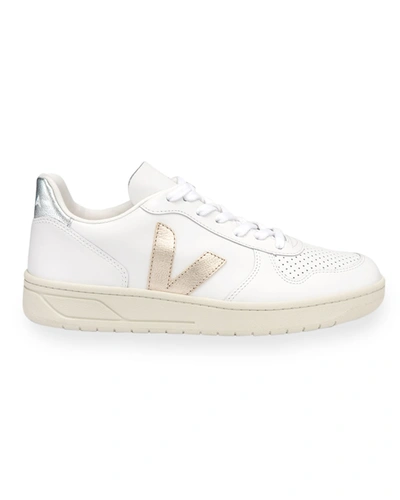 Shop Veja V-10 Tricolor Leather Low-top Sneakers In Extra White Plant