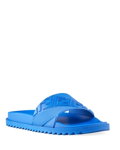 Shop Fendi Men's Ff Logo Slide Sandals In Cyber Blue