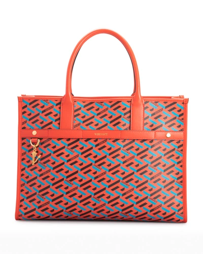 Shop Versace Greca Jacquard Top Handle Tote Bag In Orange/blue