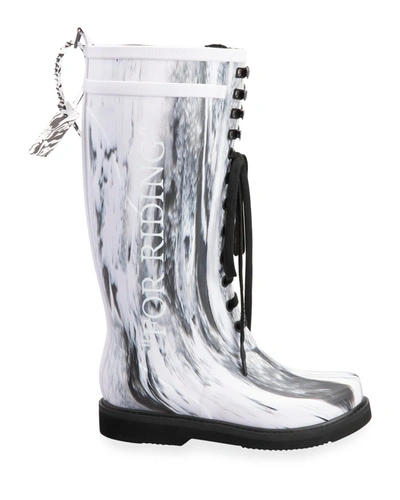 Shop Off-white For Riding Marble Lace-up Rain Boots In Whiteblack