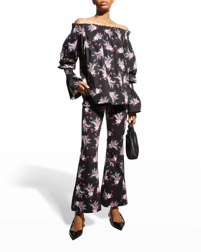 Shop Adam Lippes Floral-print Cropped Flare-leg Pants In Poppy/black