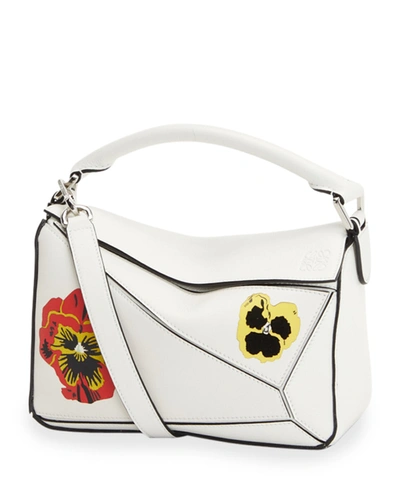 Shop Loewe Puzzle Small Pansies Satchel Bag In Soft White