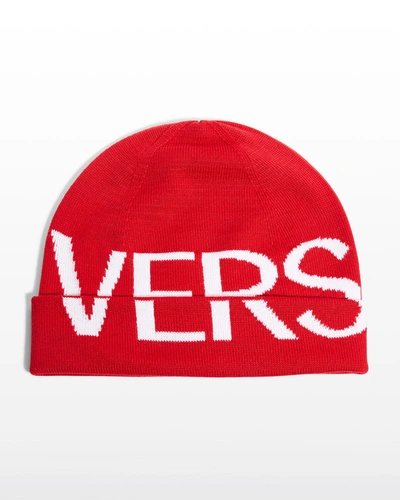 Shop Versace Wool Logo Text Beanie In Scarlet