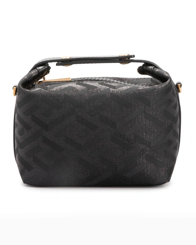 Shop Versace Greca Printed Mini Zip Hobo Bag In Black