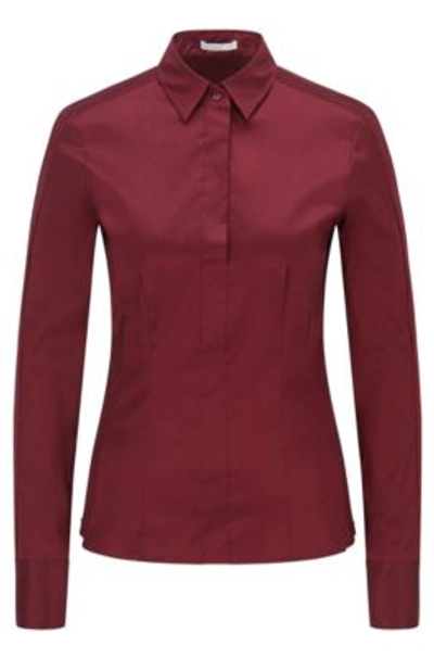 Shop Hugo Boss - Slim Fit Blouse In Stretch Cotton Blend Poplin - Dark Red