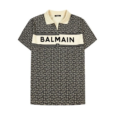 Shop Balmain Cream Monogrammed Cotton Polo Shirt In Ivory