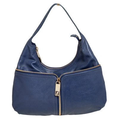 Pre-owned Fendi Blue Leather Front Zip Hobo