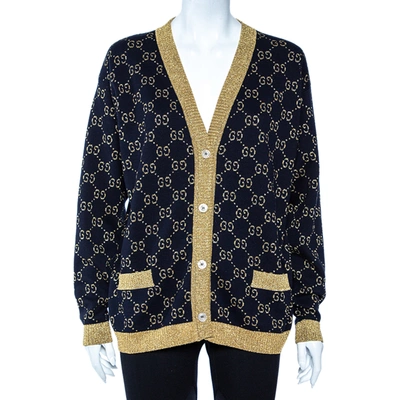 Pre-owned Gucci Black Logo Monogram Lurex Knit Button Front Oversized Cardigan M
