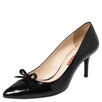 Pre-owned Prada Black Patent Leather Bow Pointed Toe Pumps Size 37.5