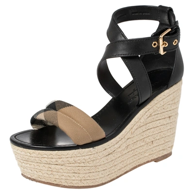 Pre-owned Burberry Black Leather And Nova Check Canvas Wedge Platform Espadrille Sandals Size 38.5