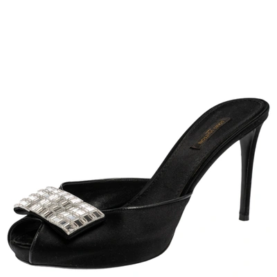 Pre-owned Louis Vuitton Black Satin Embellished Peep Toe Slide Sandals Size 40