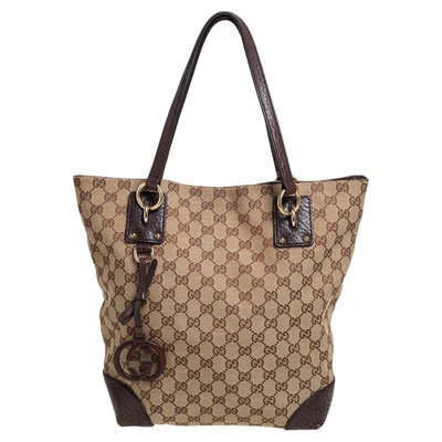 Pre-owned Gucci Brown/beige Gg Canvas And Leather Charm Tote